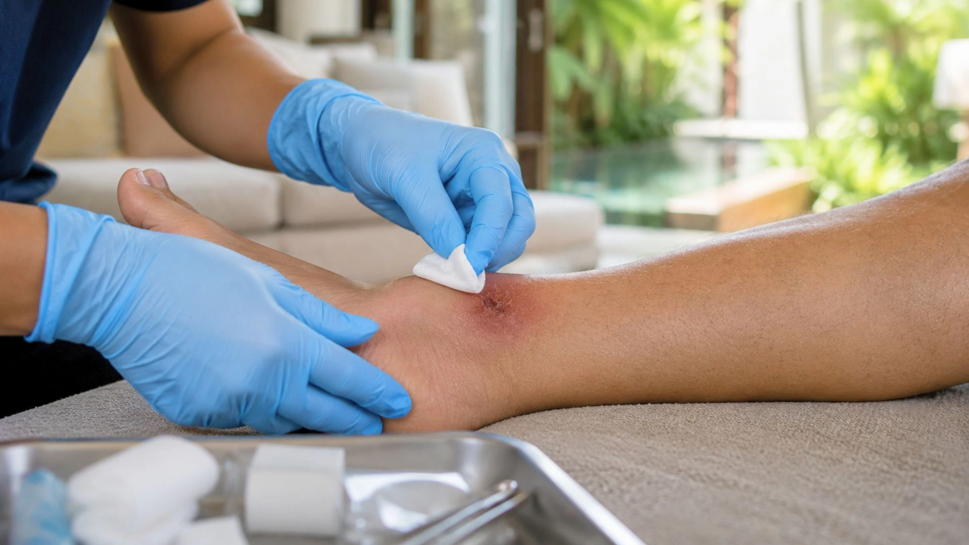 Traveler receiving wound cleaning and first aid treatment at a clinic in Bali